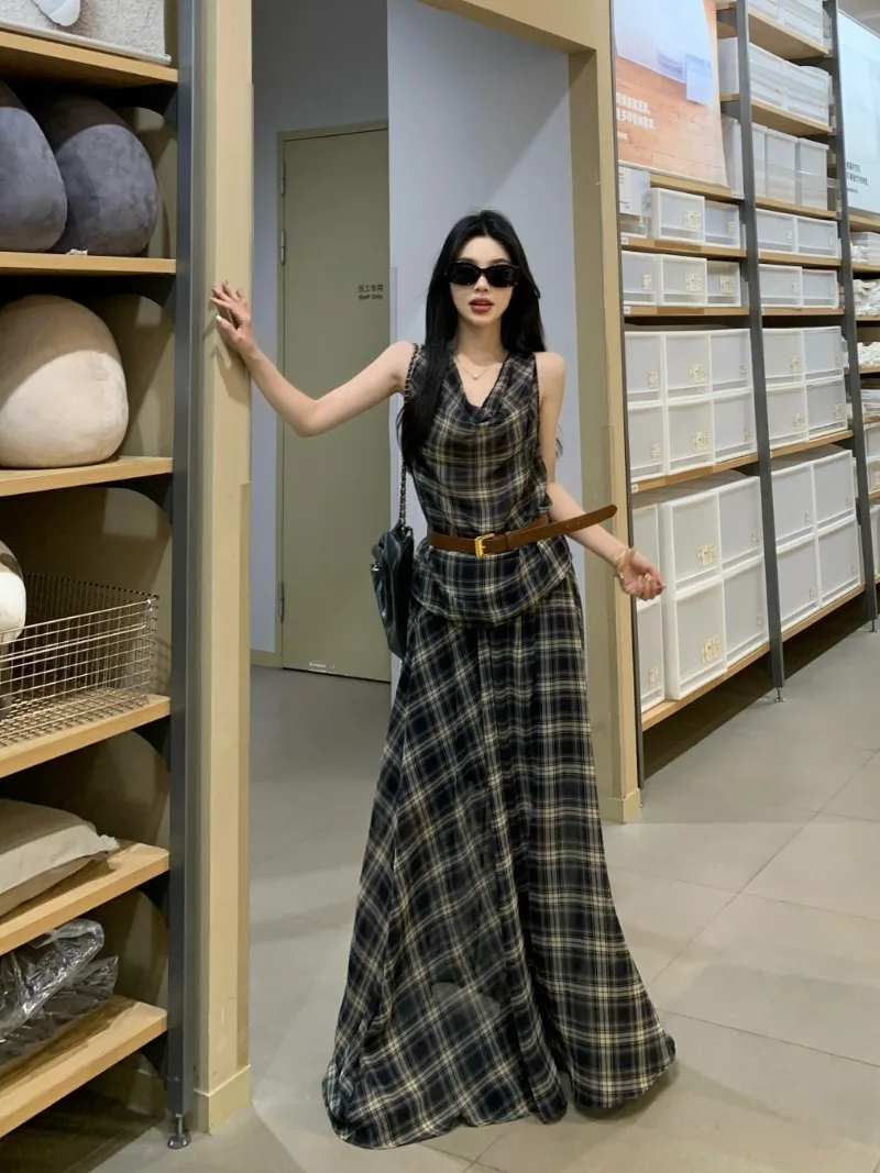 

French Casual Style Suit Women's Summer Swing Collar Plaid Camisole High Waisted Skirt Two-piece Set Fashion Female Clothes