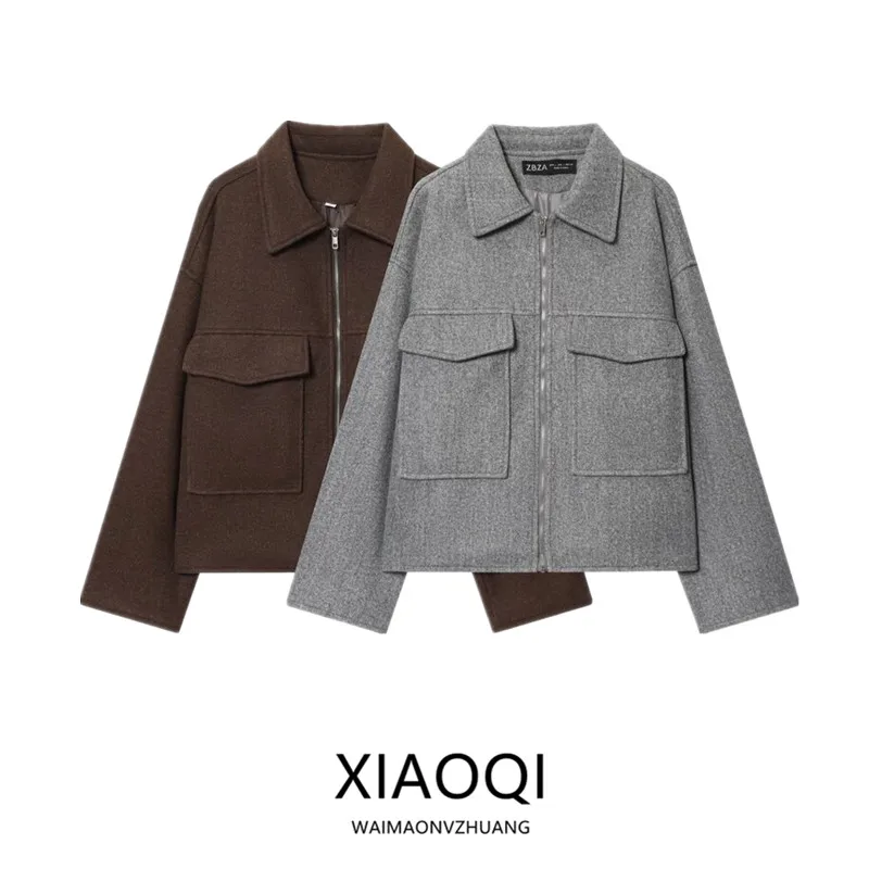 

2025 Autumn Winter New Sle Women's Commuter Loose Fit Two Color Large ket Zipper Woolen Coat Versatile Ladies Outerwear