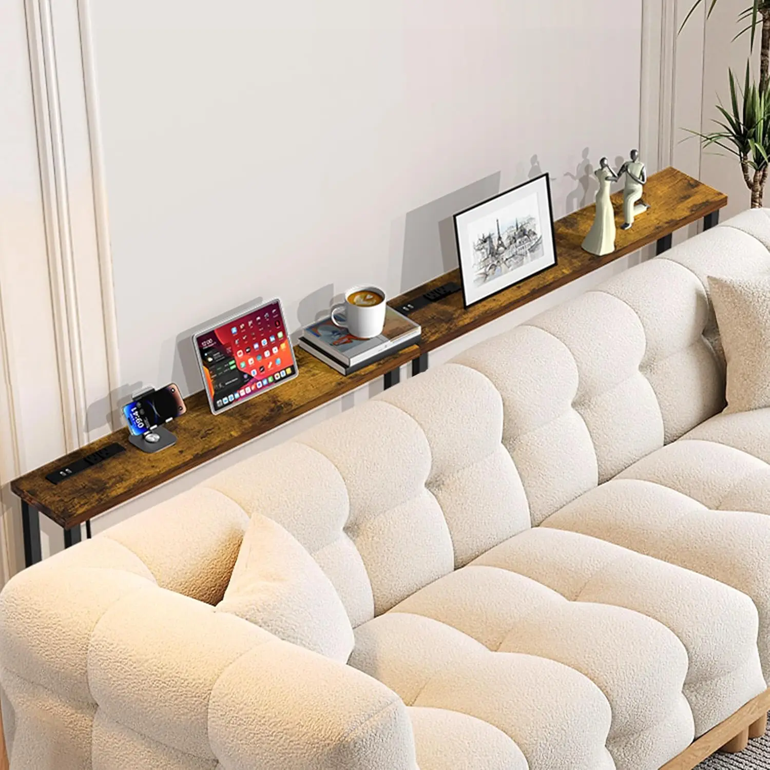 102" Sofa Table with Built-in Power Strip, 4 AC Outlets & 4 USB Ports, Metal Frame, Easy Assembly for Living Room