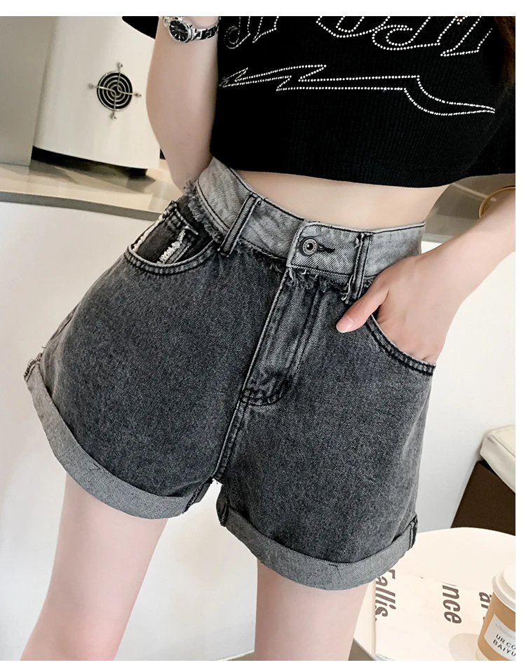 Lose Jeansshorts mit weitem Bein für Damen, hohe Taille, Sommer 2024, neue kurze Jeans, Curling-A-Linien-Hotpants