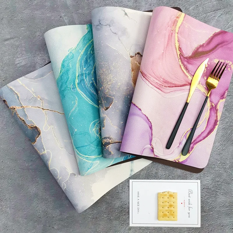 Nordic Ins Faux Leather Marble Placemats Two-Tone Printed Waterproof Dining Table Mat 3Pcs Anti-Slip Office Countertop Protector