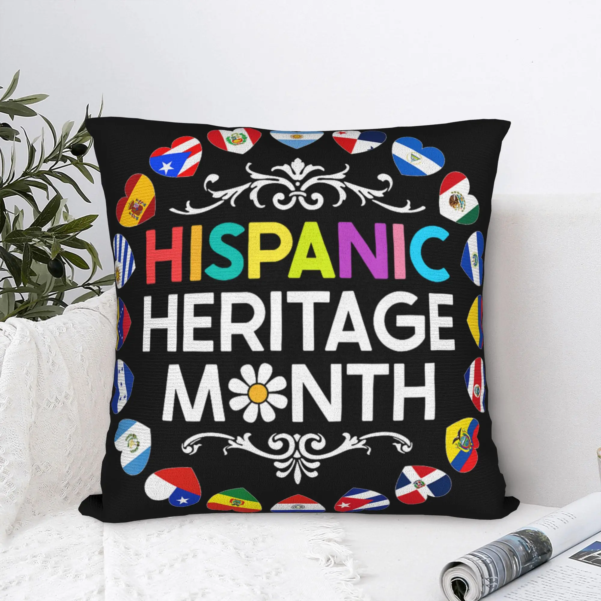 National Hispanic Heritage Month All Countries Flags Hearts Pillow Case  Comfy Pillow Cover Retro Trendy Cushion Cover