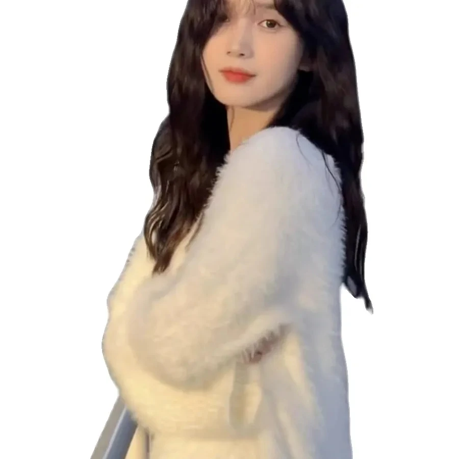 

Белый свитер из меха норки для женщин, осенне-зимняя уличная одежда, элитный вязаный свитер в ленивом стиле, светский топ