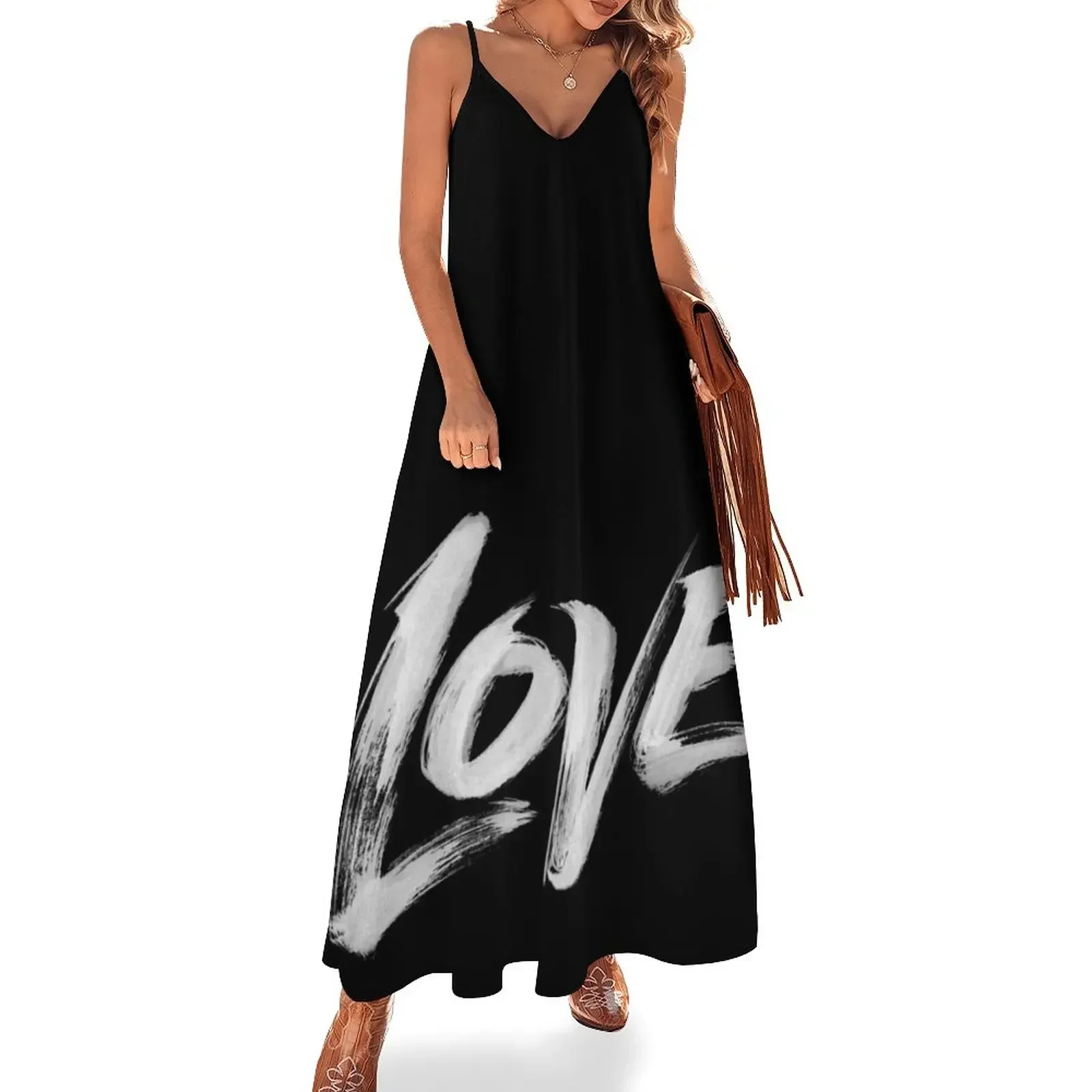 Zen Brush Love Word - Lettering - White Calligraphy Sleeveless Dress chic and elegant evening dress Women's summer skirt Dress