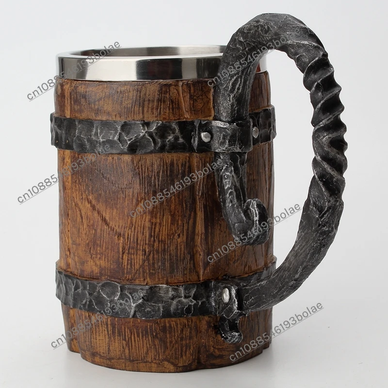 Bar beer mug simulation wood cup Stainless steel interior mug Large handle wood shape water cup