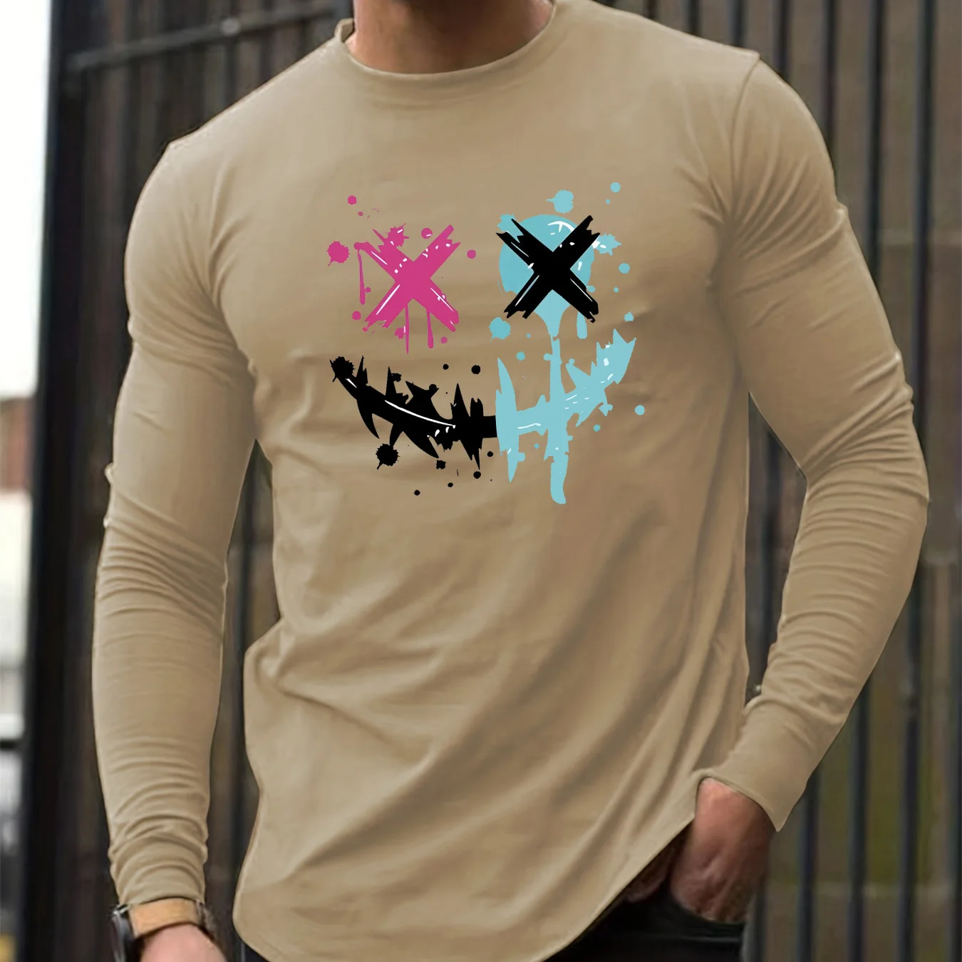 100% pure cotton men's long sleeved round neck loose smiling face pattern printed spring and autumn casual versatile T-shirt top