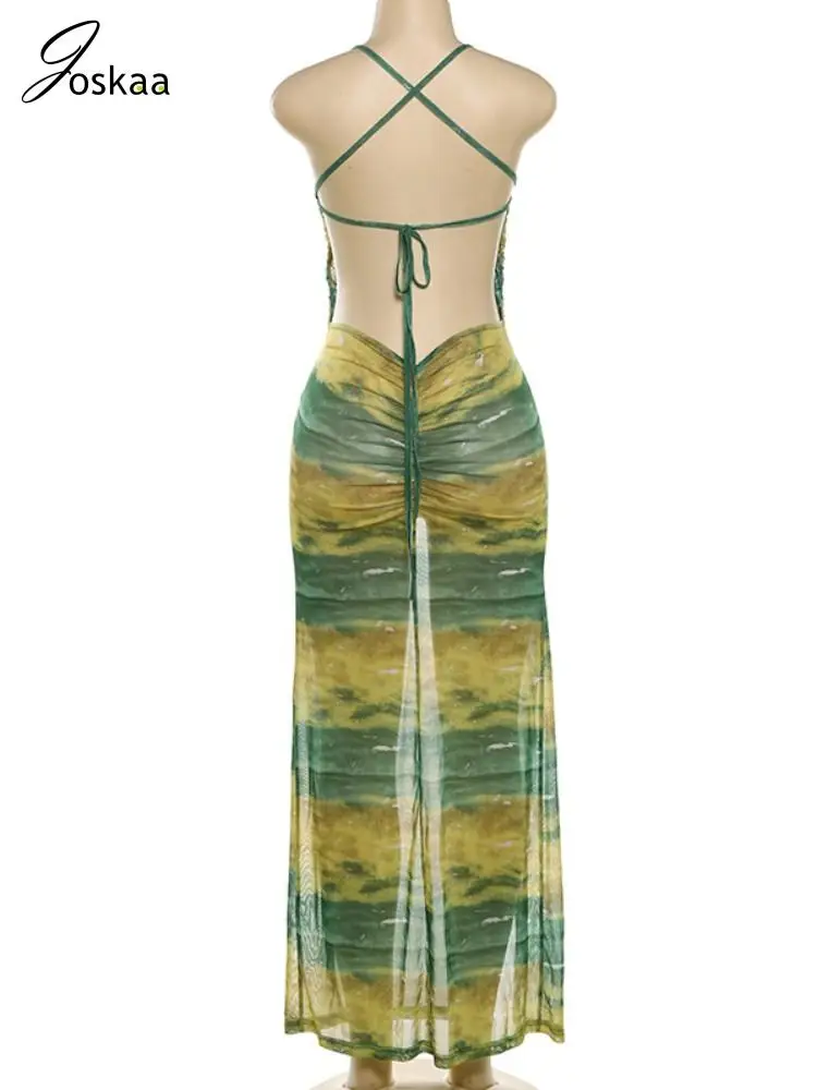فستان Joskaa مطبوع شبكي شفاف للعطلات الطويلة للنساء مثير بحزام سباغيتي بفتحة عالية بدون ظهر فساتين ضيقة للحفلات والنوادي #5