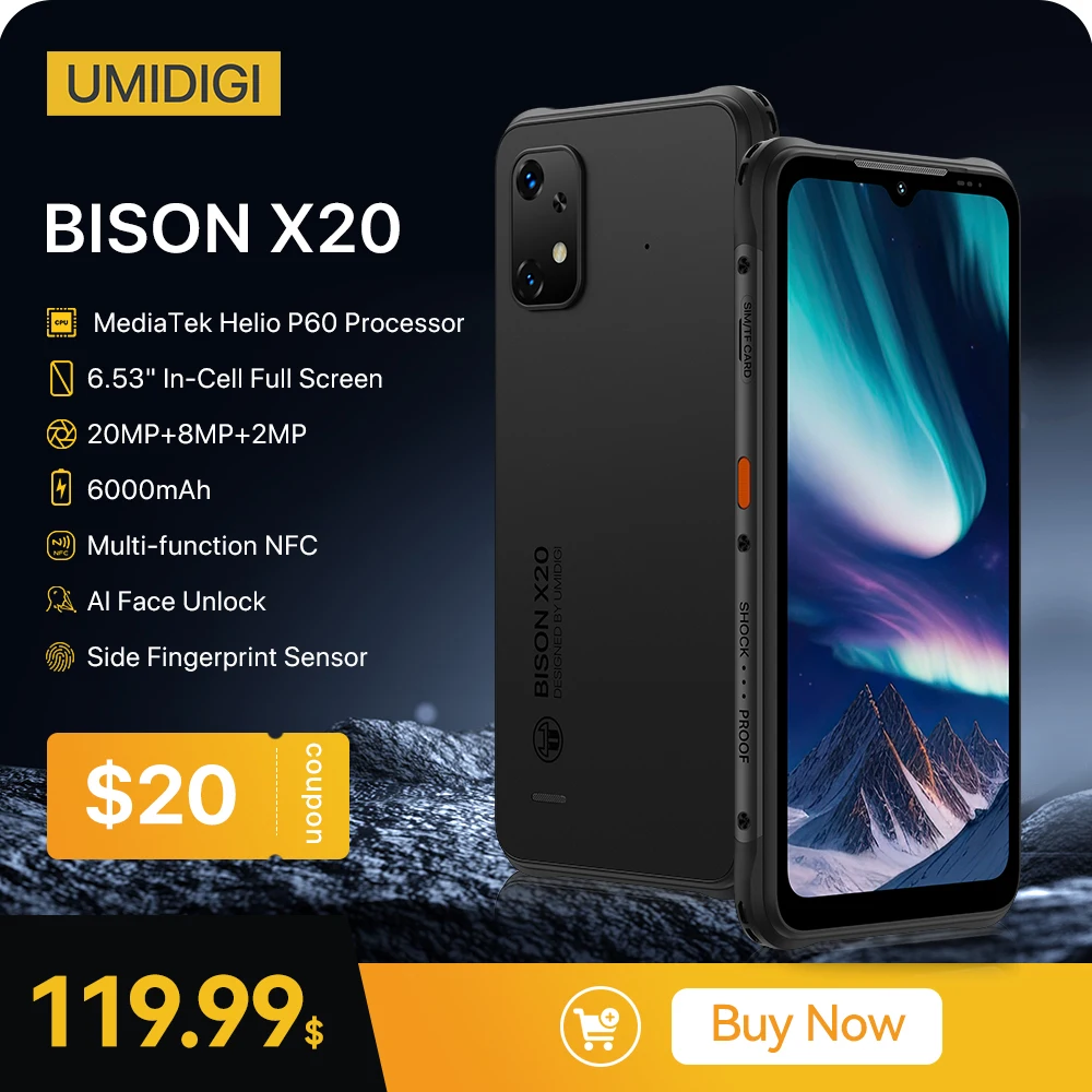 UMIDIGI BISON X20 견고한 스마트폰, MTK Helio P60 옥타코어, 6GB 128GB, 6.53 인치 HD, 안드로이드 13, 6000mAh 배터리, NFC, 월드 프리미어 