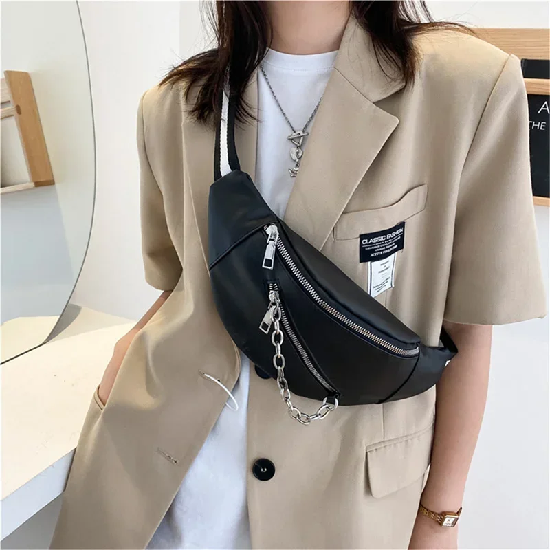 Women Shoulder Bag Street Solid Chest Bag Striped Strap Chain Zipper Waist Bags New In Bag For Women