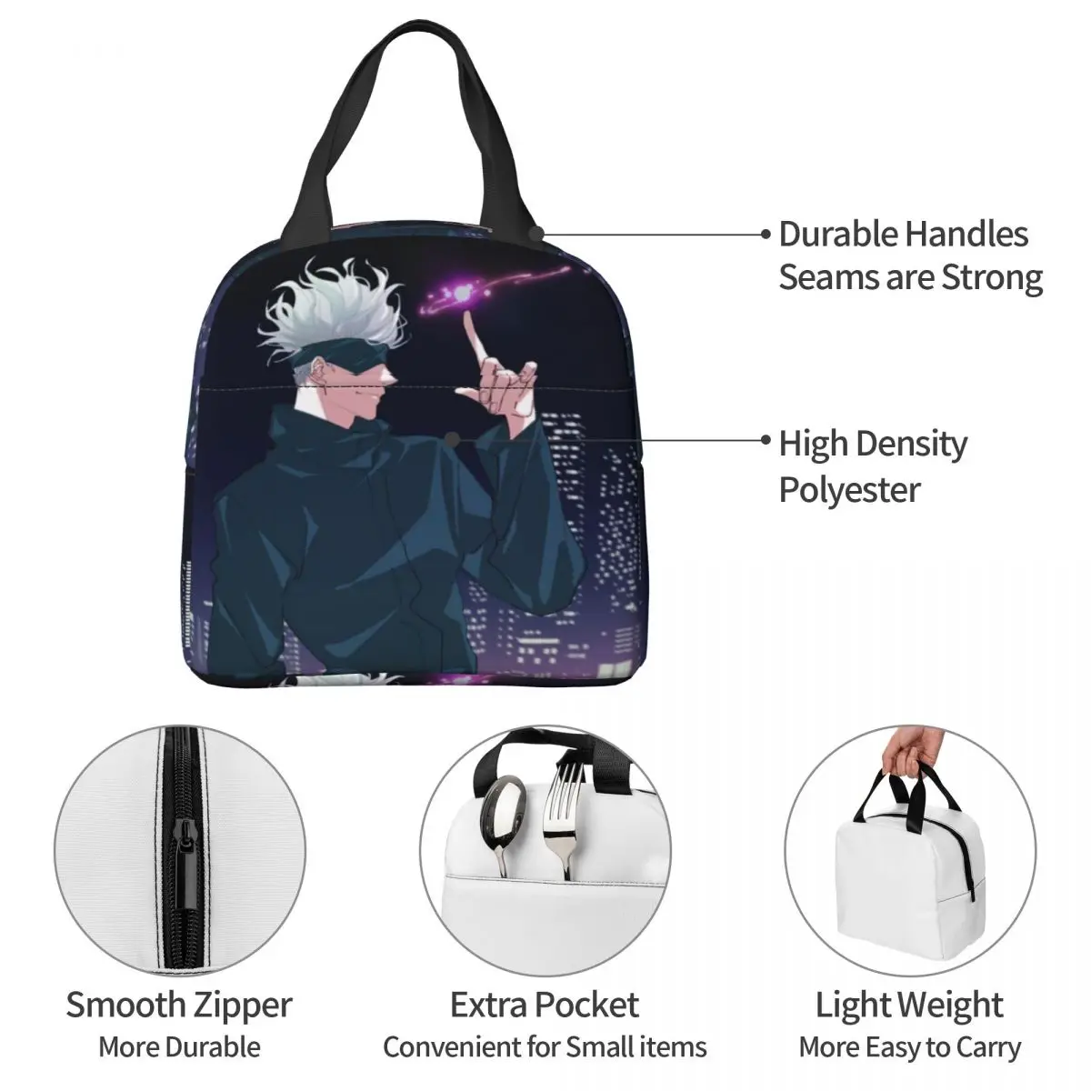 Jujutsu Kaisen Insulated Lunch Bags Leakproof Anime Gojo Satoru Meal Container Thermal Bag Tote Lunch Box College Men Women