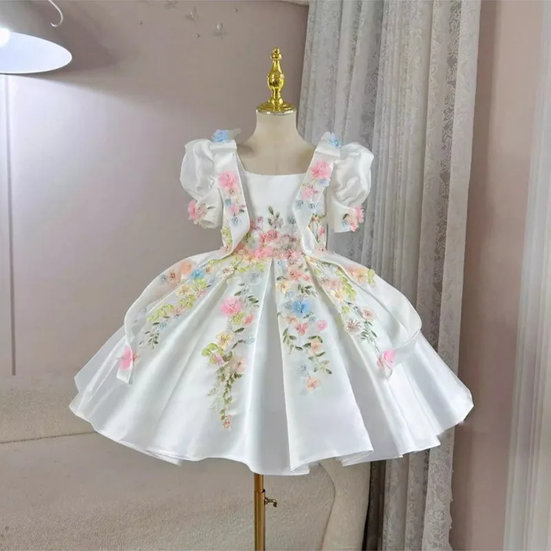 

New Style Girls' Three Dimensional Flower Dress Short Sleeve Princess Tutu Dress Children's Birthday Hosting Performance Clothes