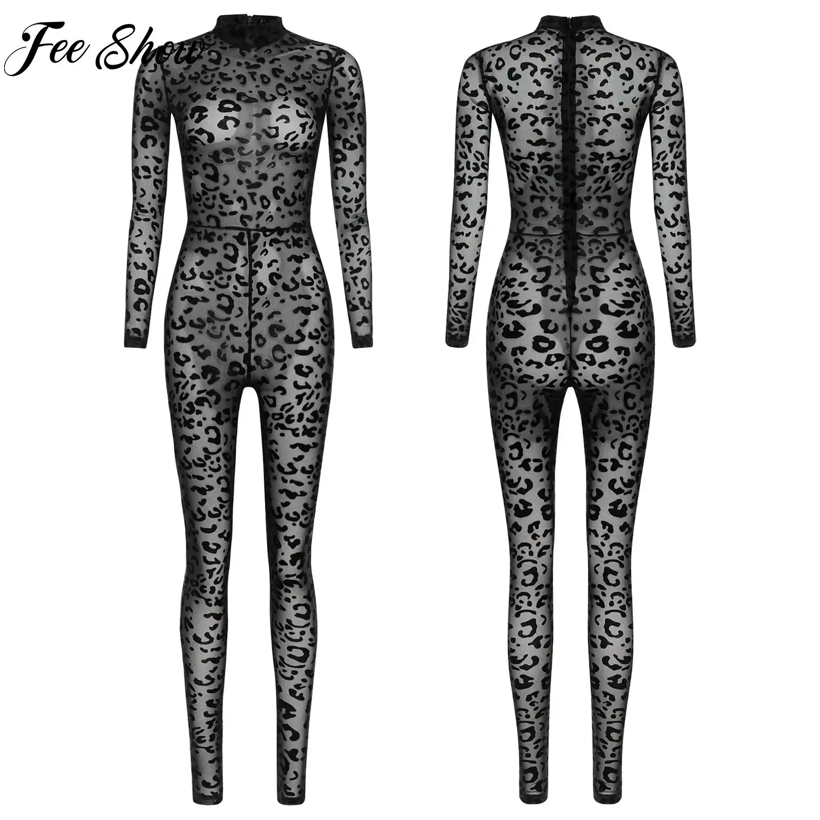

Womens Fashion Leopard Print See-Through Mesh Jumpsuit Swimsuit Long Sleeve Bodysuit Yoga Clothes Music Festival Party Clubwear