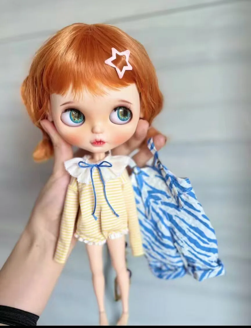 2025 2pcs Leisure lovely style Blythe Landoudou Jumpsuit long sleeved T+blue overalls  (Fit for azone,Pullip,Ob22,24,26, Licca)