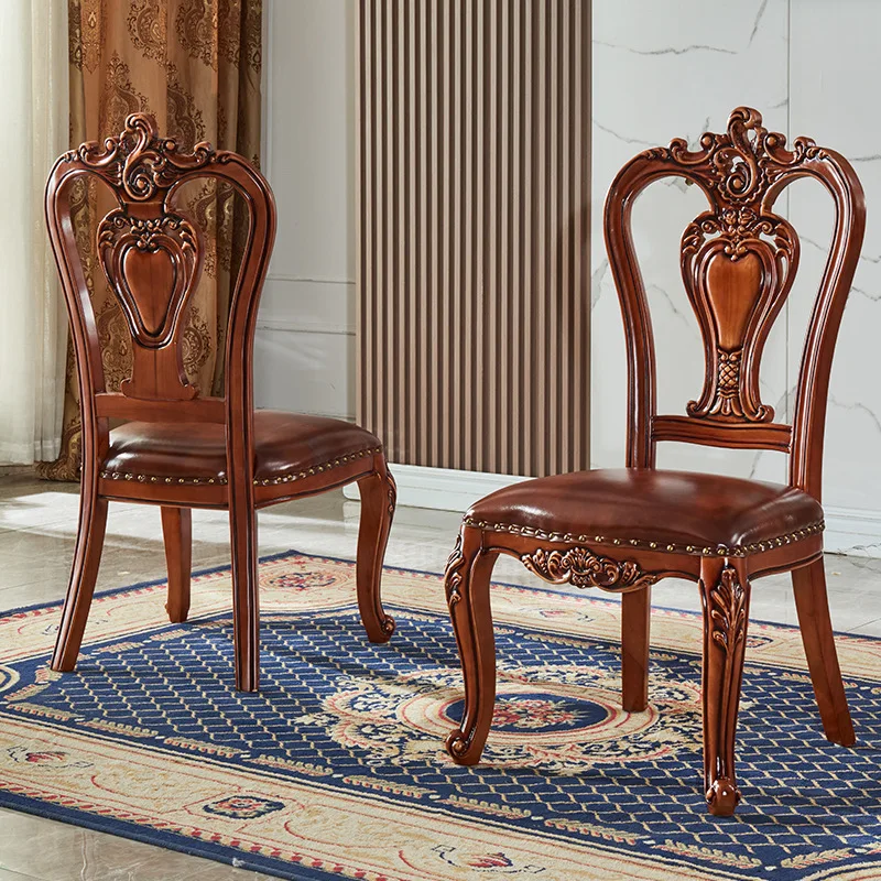 

European leather dining solid wood carving flower book desk chair computer chair office classical American
