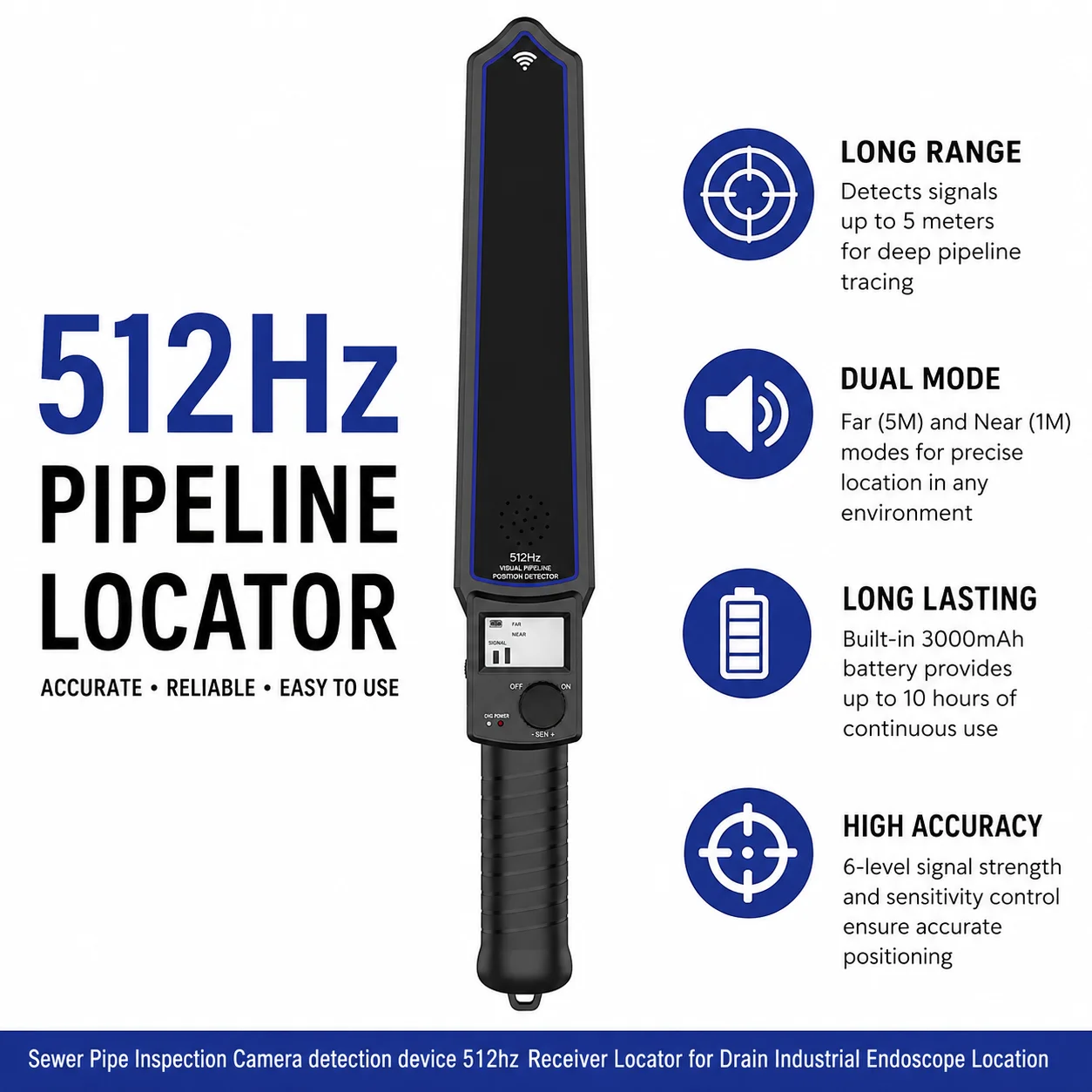 Récepteur localisateur 512Hz pour tuyaux, deux modes de détection. Batterie 3000mAh 10h d'autonomie, 6 niveaux de signal et haut-parleur pour canalisations