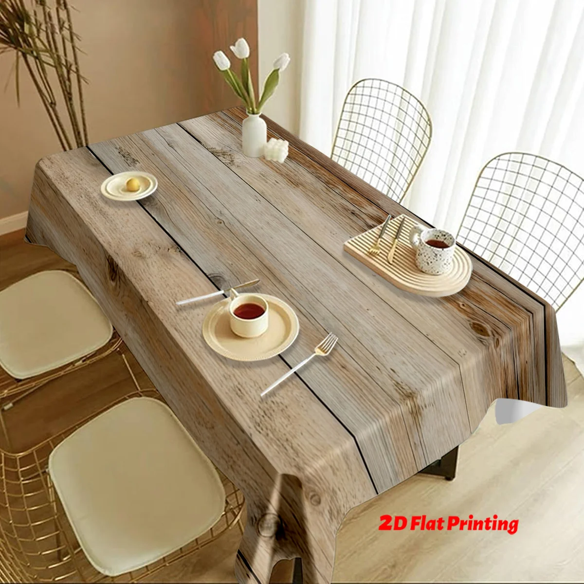 Retro wood-grain digital-printed polyester tablecloth, suitable for rectangular tables.zyc