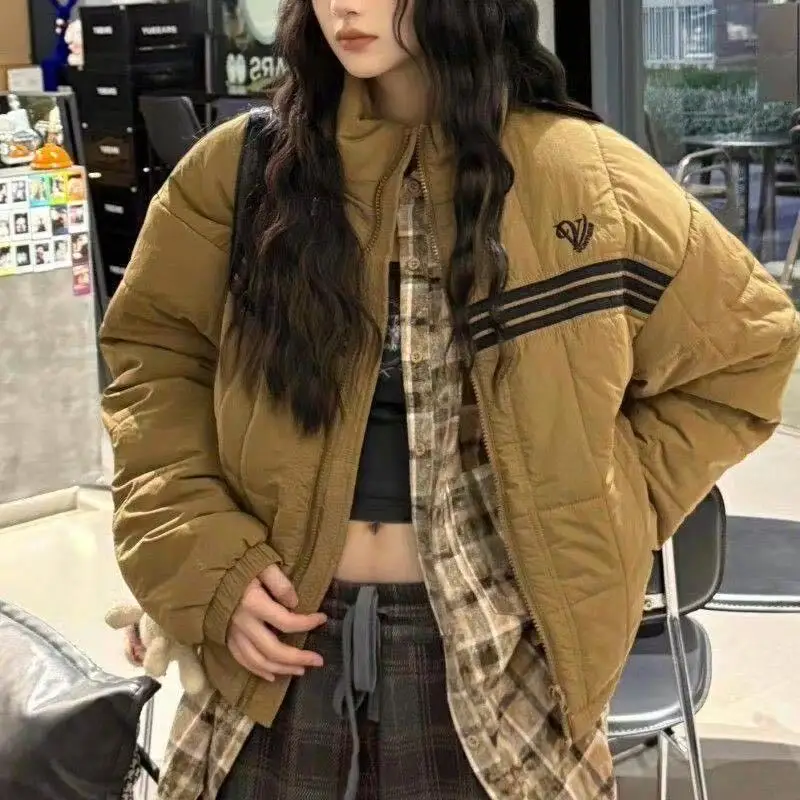 

Женское свободное модное зимнее пальто из хлопка с полосатым воротником в американском стиле ретро, модная студенческая верхняя одежда