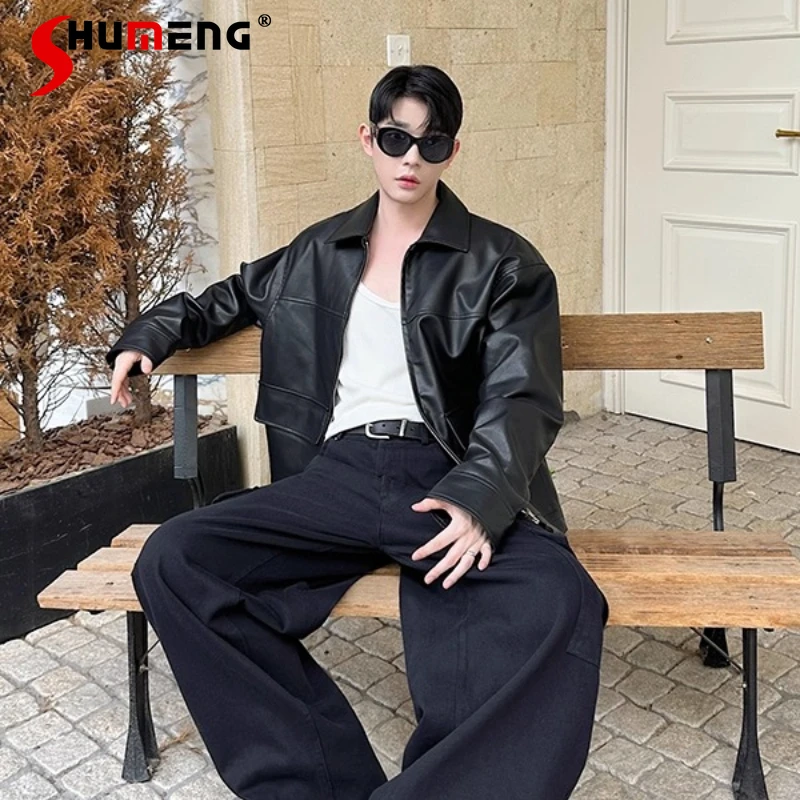 

Мужская кожаная хлопковая куртка в мотоциклетном стиле, осень-зима 2021, уличные универсальные модные кожаные куртки с большими карманами