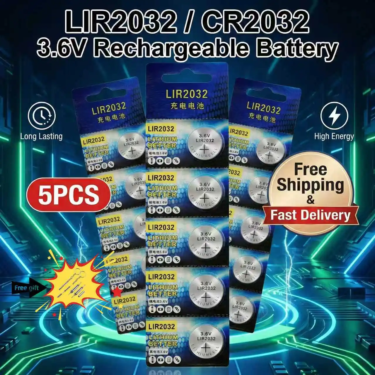 LIR2032 LIR2025 LIR2016 3.6V Lithium Rechargeable Battery 5Pcs Button Cell Replace CR2032 CR2025 CR2016 Coin Batteries Watch