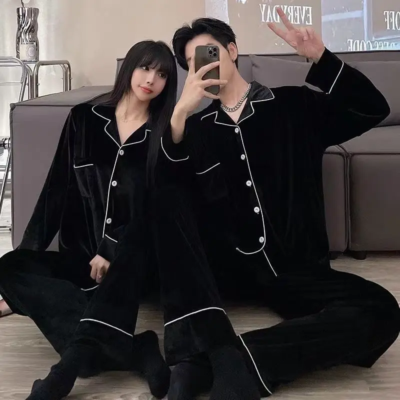 Couple Pajamas for Men Velvet Winter Sleepwear Korean Sleeping Night Wear Solid Pijama 2 Pcs Pants Sets Button Pocket Home Suit