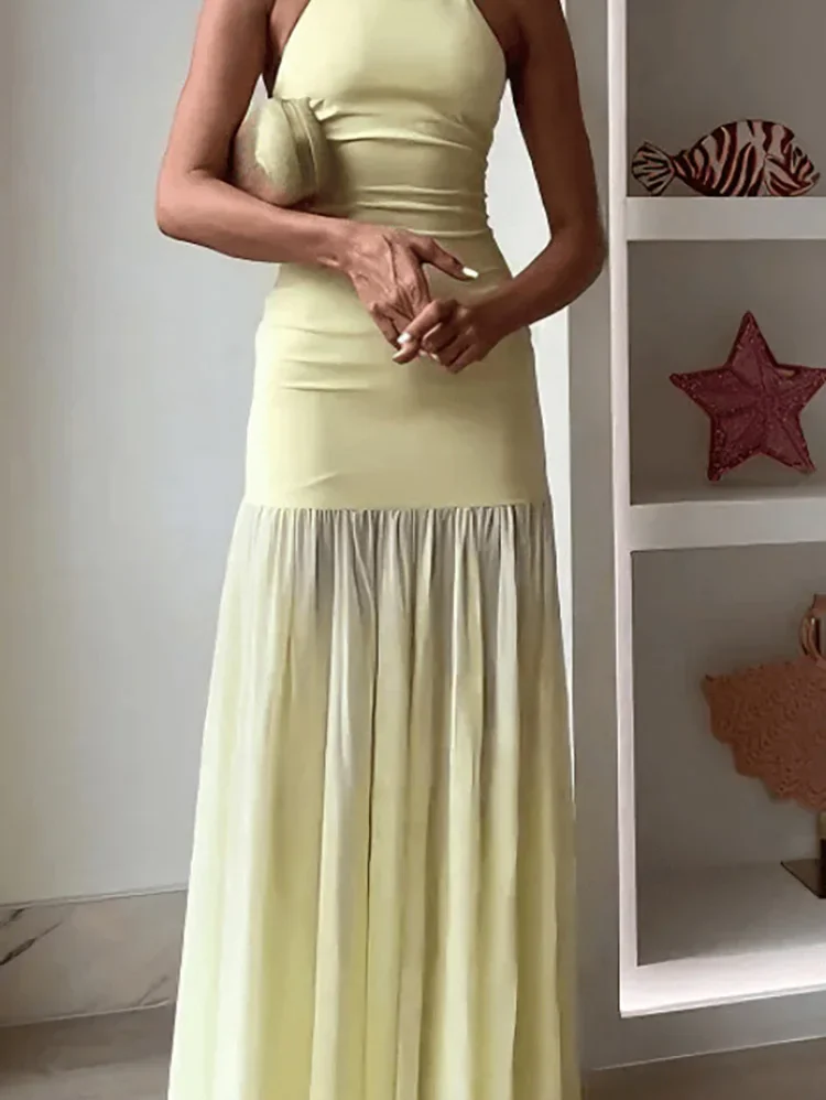 

Модное желтое вечернее платье с высокой талией, сексуальное сетчатое лоскутное вечернее платье с драпировкой, элегантное тонкое платье без рукавов с лямкой на шее, длинное платье