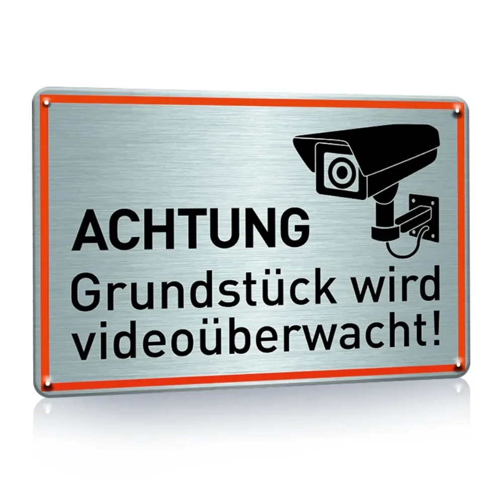 Panneau de vidéosurveillance allemand Achtung, 1 pièce |   Métal 12x8 pouces |   Coins arrondis 4 trous de forage | 24 heures pour l'extérieur et la maison