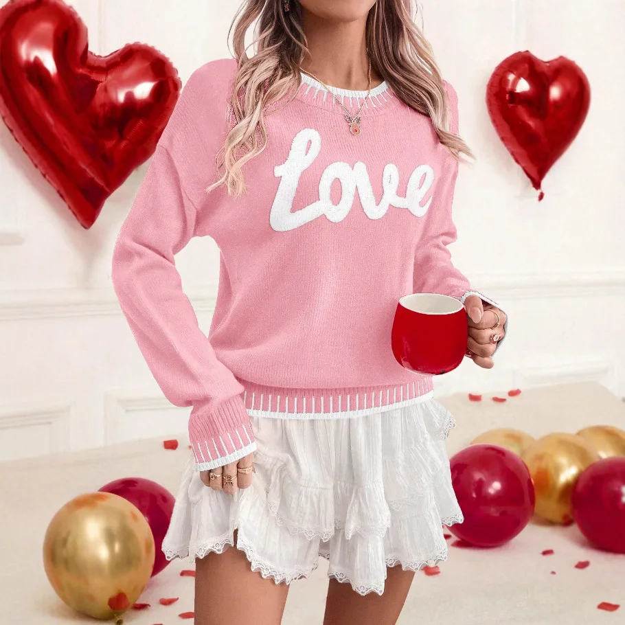 Autumn. And Winter Valentine's  new Knitted Sweater L24; Outerwear§124; Wear Long Sleeve Circular Neck Pullover Sweater For Wome