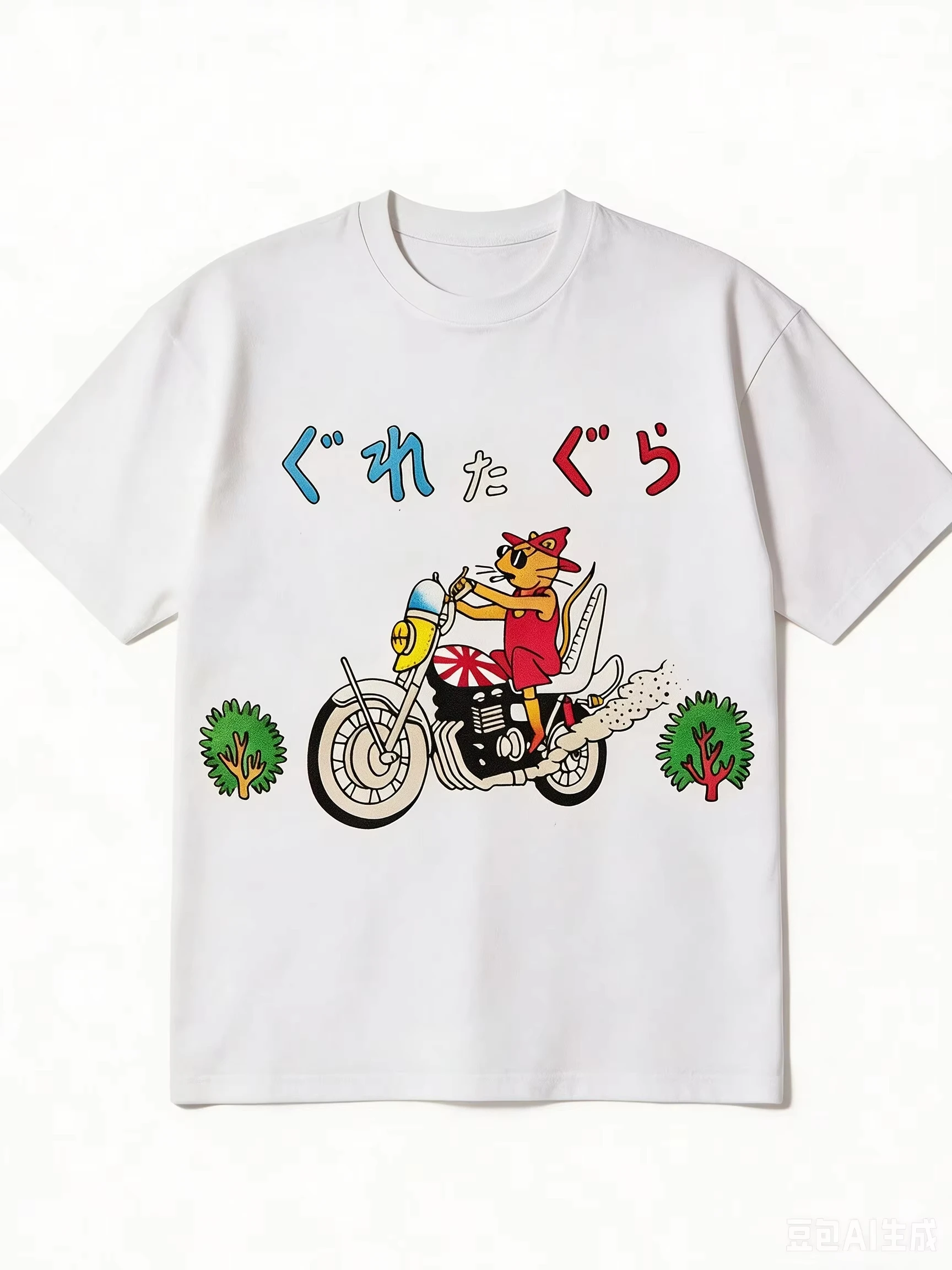 Japanese Cartoon Cat Riding Motorcycle Back Printed T-shirt Men Women Cotton Casual Short-sleeved Shirt Men's T-shirt Men's Tops
