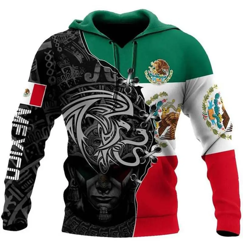 3D Print Mexican Flag Graphic Hoodies Aztec Mexican Casual Hooded Pullover Sweatshirts Full Print Oversized Mens Sport Hoodie