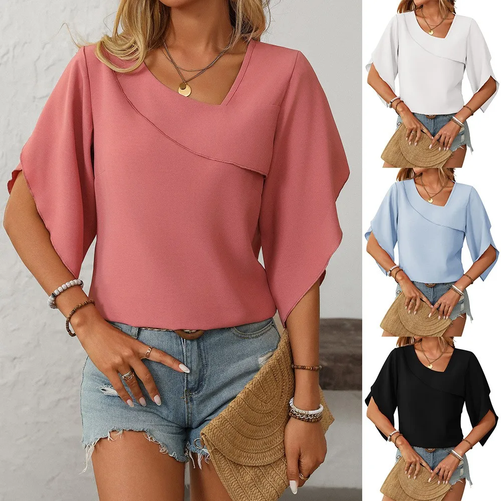

Summer Women Blouse Petal Sleeve Patchwork Blouses Slant Neck Loose Fit Chiffon Blouse Pink Asymmetrical V Neck Ruffle Top