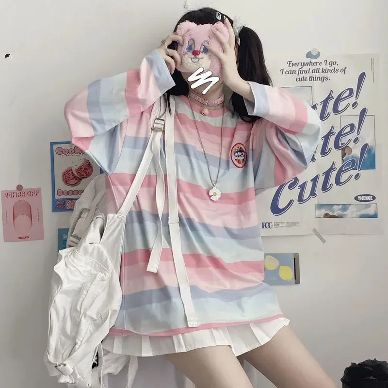 2023 New Spring Women T-shirt Long Sleeve Loose Harajuku Sweet Cute Color Stripes Thin Female Tops Pullovers Causal