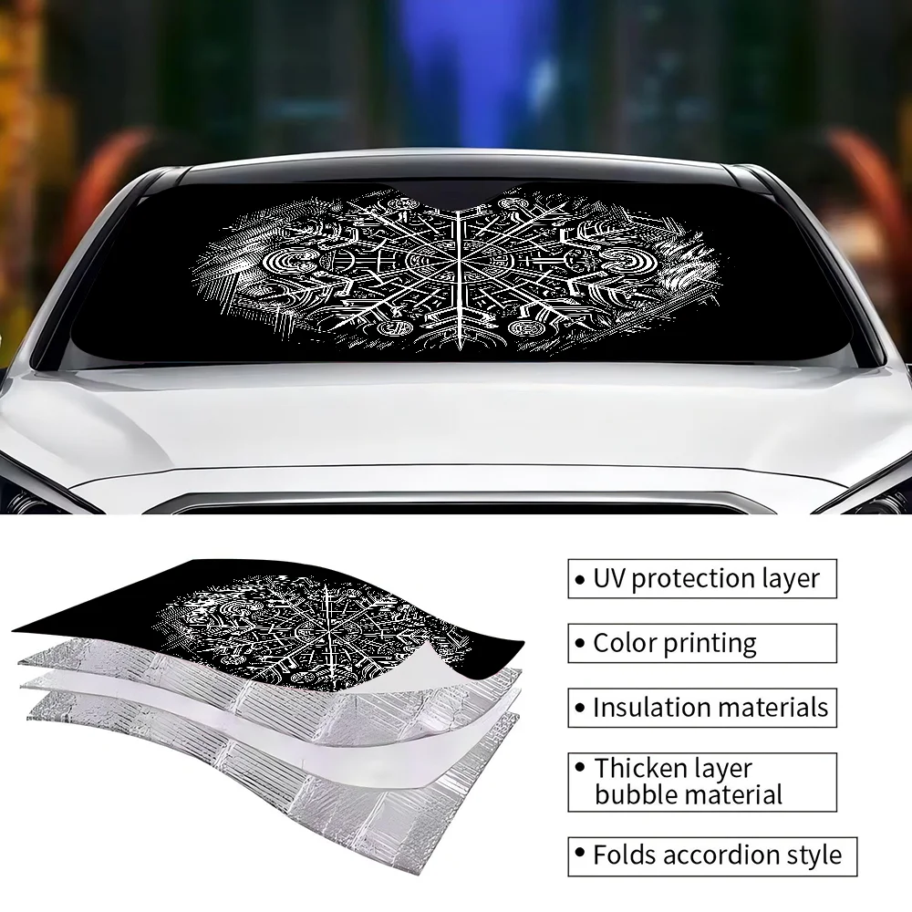 Viking Retro Mysterious Raven Photo Car Windshield Sun Shade Car Sun Visor Protector Aluminum Foil 51.2 X 27.5 In