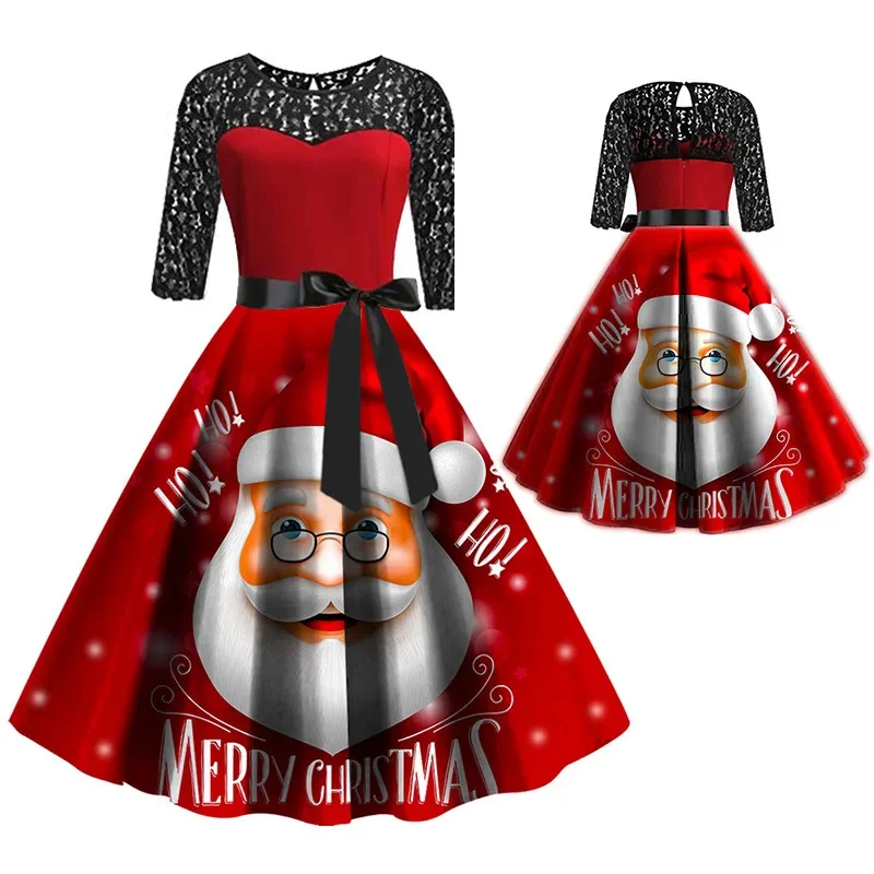 Christmas Festival Party Dresses Women 2024 Autumn Long Sleeve O-Neck Vintage Santa Cartoon Print Cosplay Costumes Print Robe