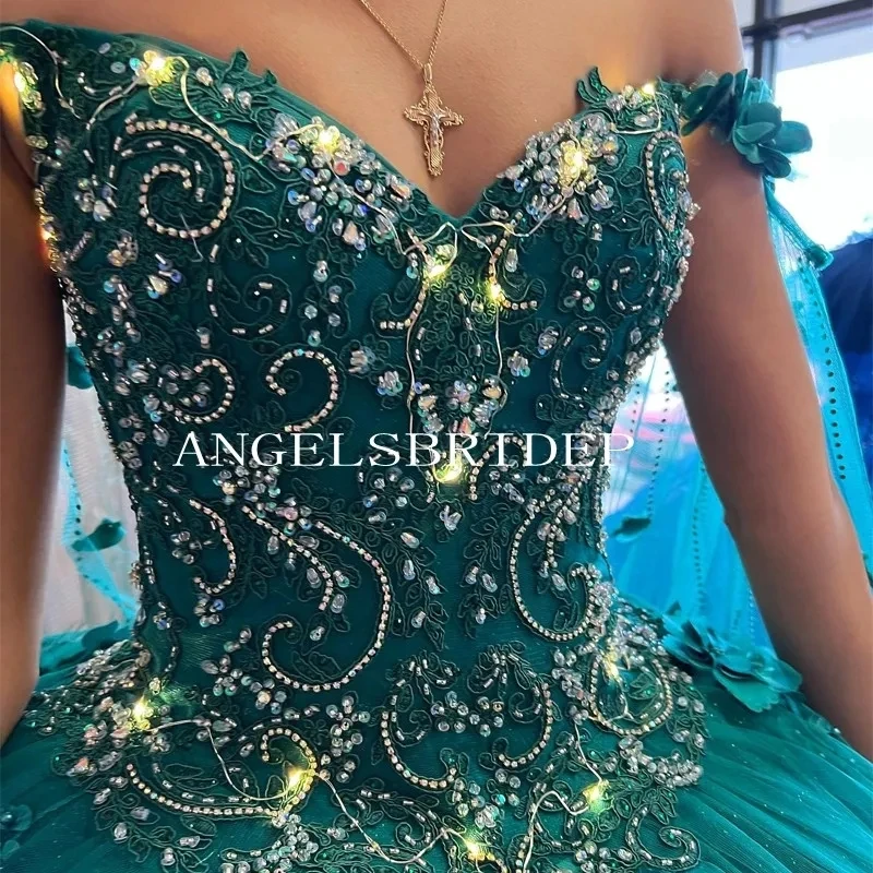 ANGELSRIDEP-Vestidos De baile para quinceañera, con capa 3D De flores, color verde esmeralda, para fiesta De cumpleaños De 15 Años, 2024