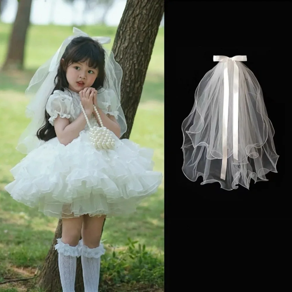 2PCS Minimalist Bow Tied Bride's Head Gauze Exquisite Decorative Double Layered Headband Elegant Wedding Gauze Photoshoot
