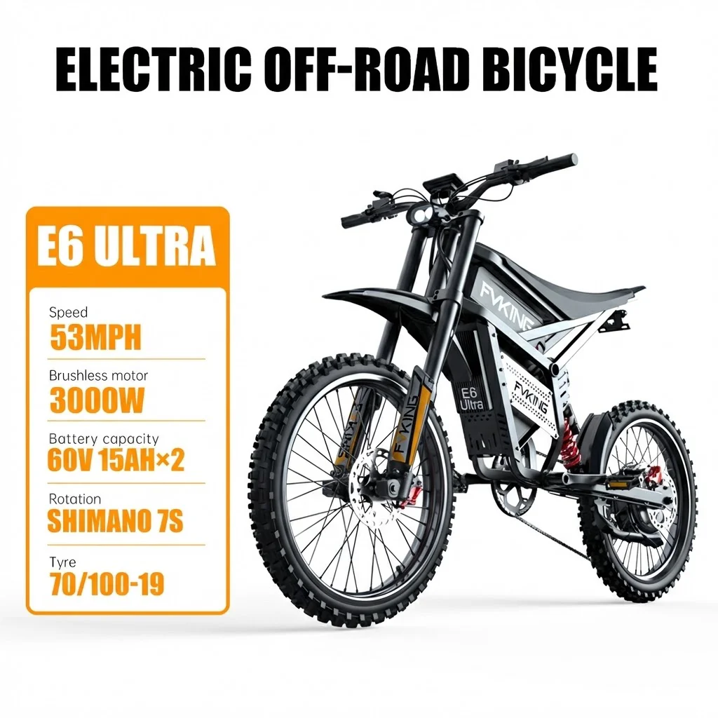 FVKING E6 Ultra Electric Bike 6000W Peak Electric Dirt Bike 60V30AH Battery 100km Speed 80Kmh Mountain Electric Motorcycle Adult