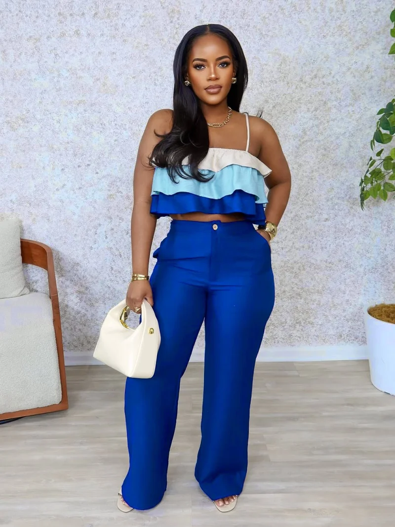 

Fashion 2 Piece Sets Women Outfit Summer Clothes Women Cascading Ruffles Crop Top and Pant Sets Streetwear Two Pieces Woman Sets