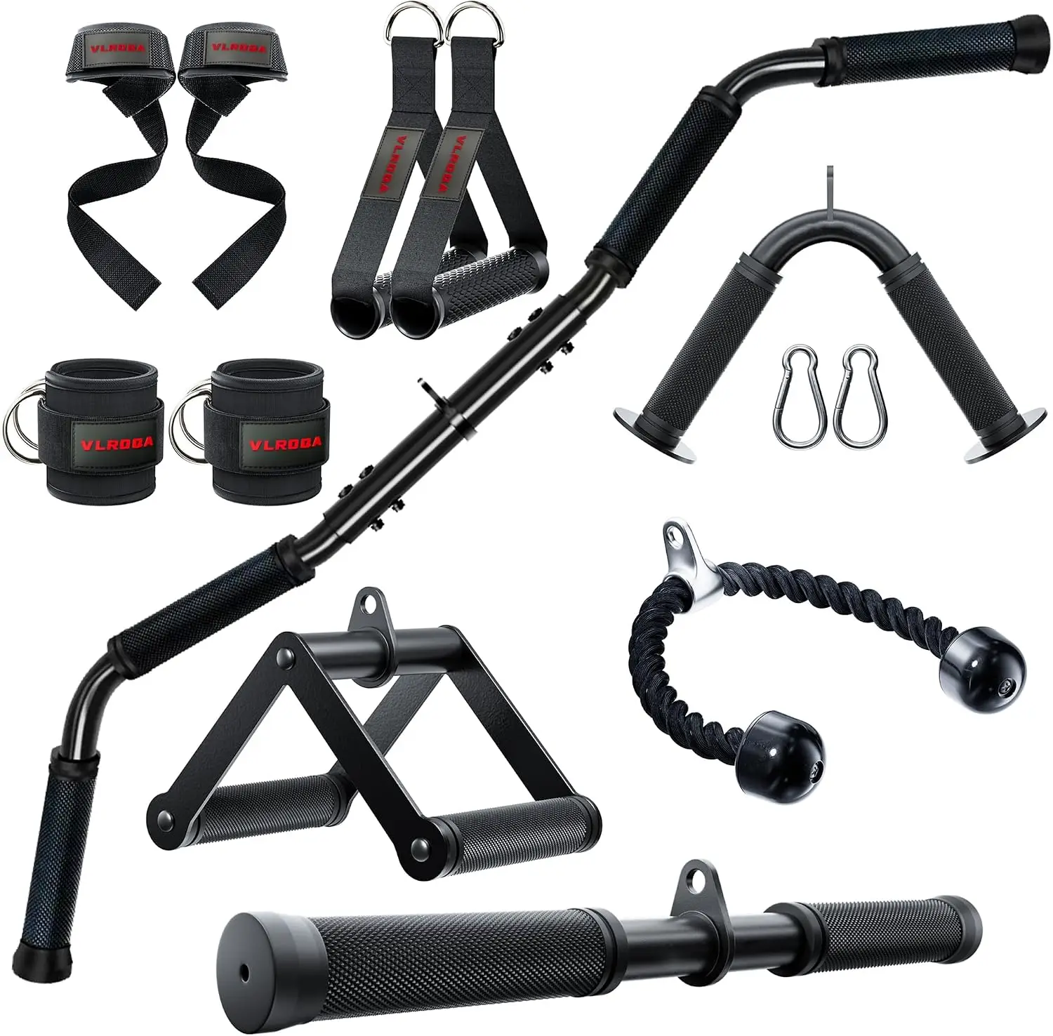 Set de Accesorios para Gimnasio en Casa - Cuerda para Tríceps, Barra para Peso Muerto, Correas para Tobillos y Más para Entrenamiento con Pesas