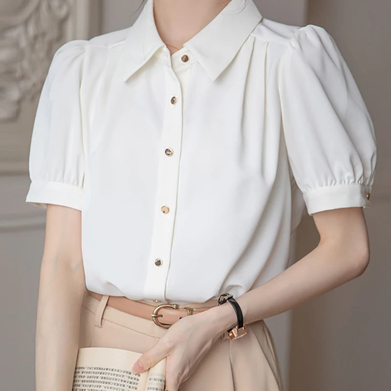 EVNISI Summer Women Chic Puff Sleeve Shirt Polo Collar White Elegant Loose Office Blouse Single Breasted Women Casual Tops 2024