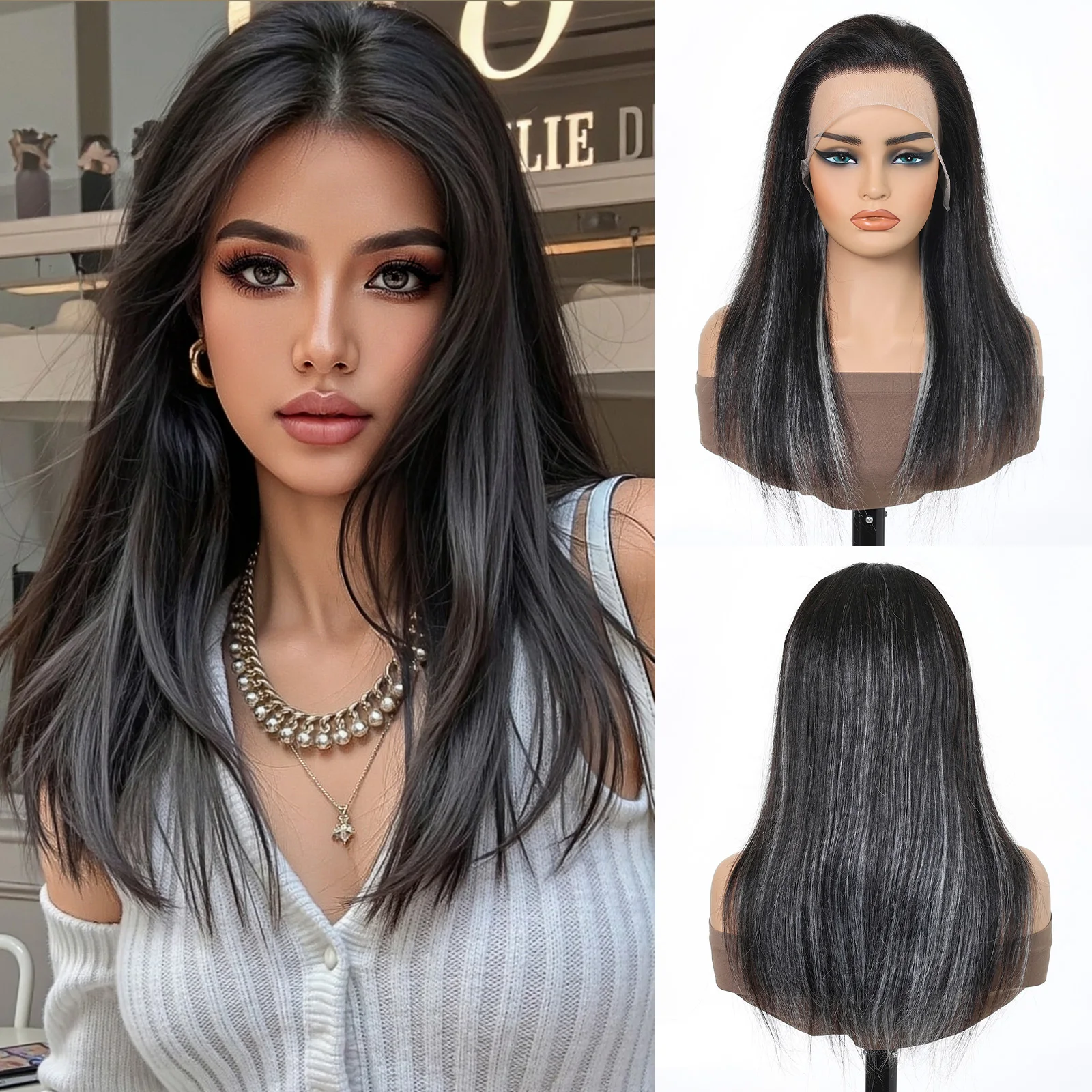 16in Black With White Highlight Human Hair Wigs for Women Long Straight Black Wigs 13*4 Lace Frontal Human Hair Natural Hairline