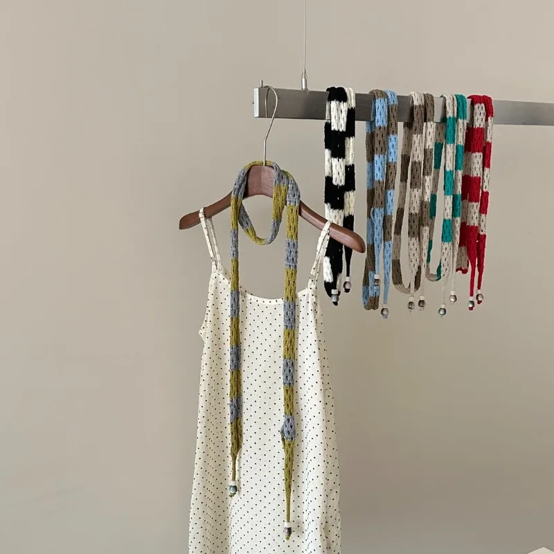 

Изысканный узкий вязаный шарф с художественным цветовым сочетанием и полосками для женщин, весна-осень, нишевый высококачественный шарф