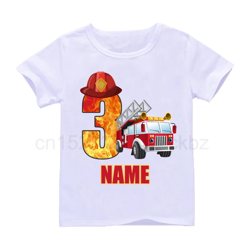 Baby Boys Cool Firefighter Car Birthday Numbers Name T-Shirt Children Girls Happy Birthday T Shirt Kids White Tops