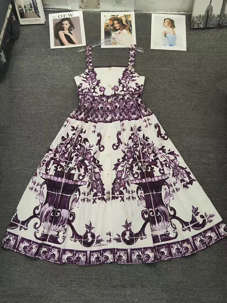 

Summer 2025 women's vintage geometric printed single-breasted high-waisted halter dress, fashionable loose A-line puffy skirt