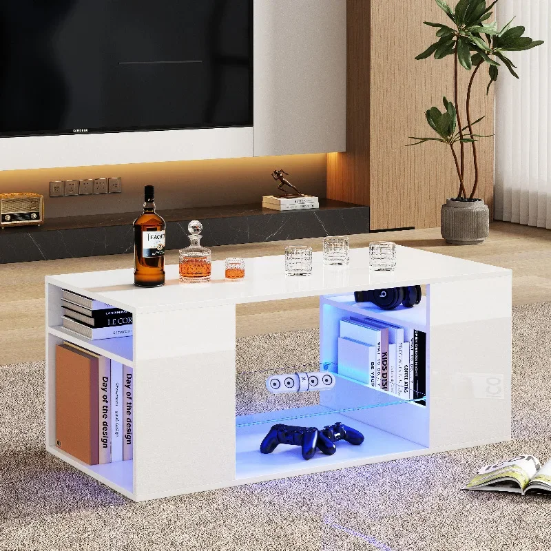 Hochglänzender Couchtisch mit Glas, LED-Couchtische, weißer Couchtisch, mehrere Stauraum, 96x45x45 cm