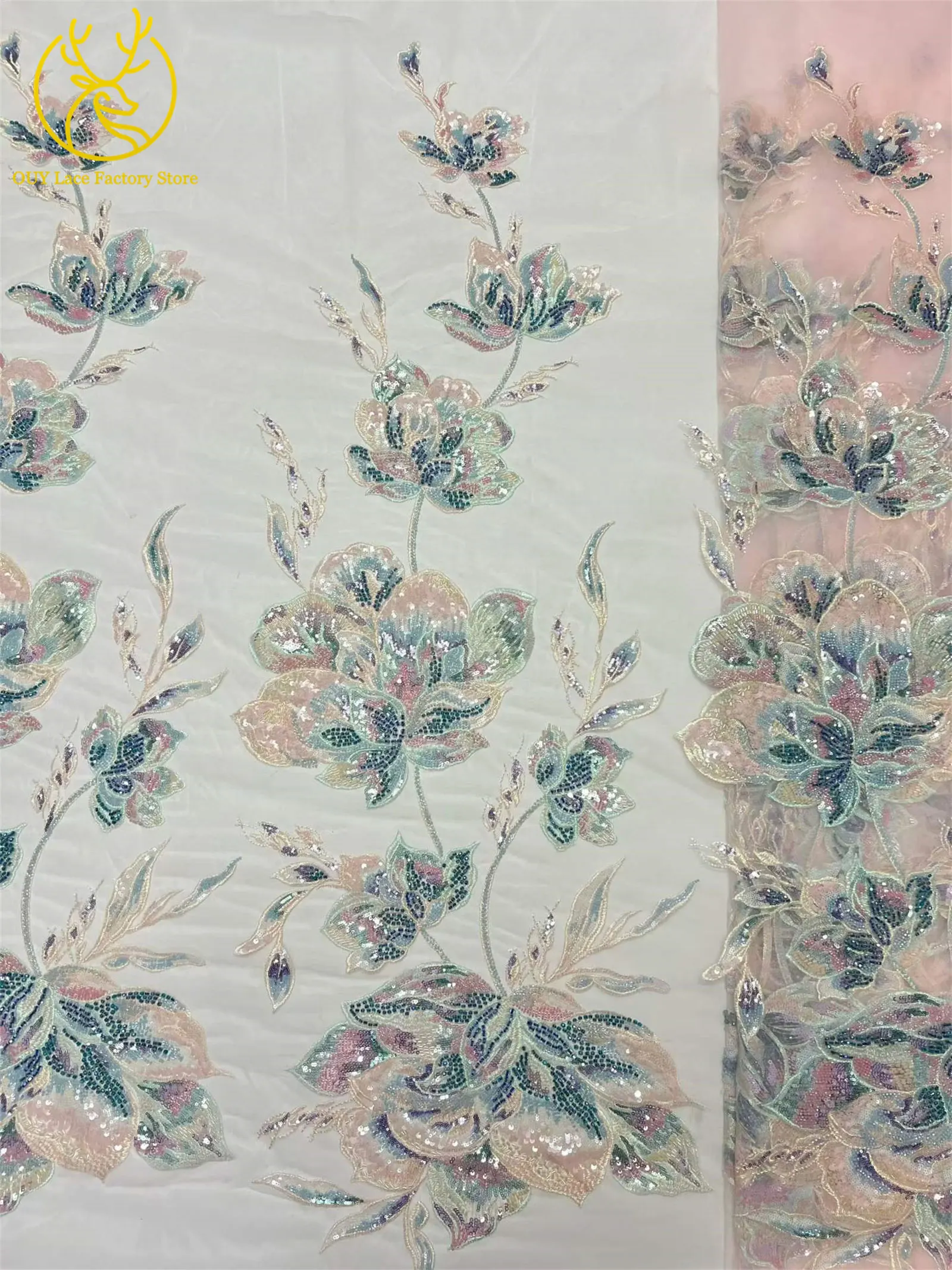 Luxuriöser afrikanischer Brautkleidstoff mit Stickerei, großen Blumen und Perlen, 5 Yards, hochwertiger französischer Pailletten-Spitzenstoff zum Nähen von Kleidern – Detail 10