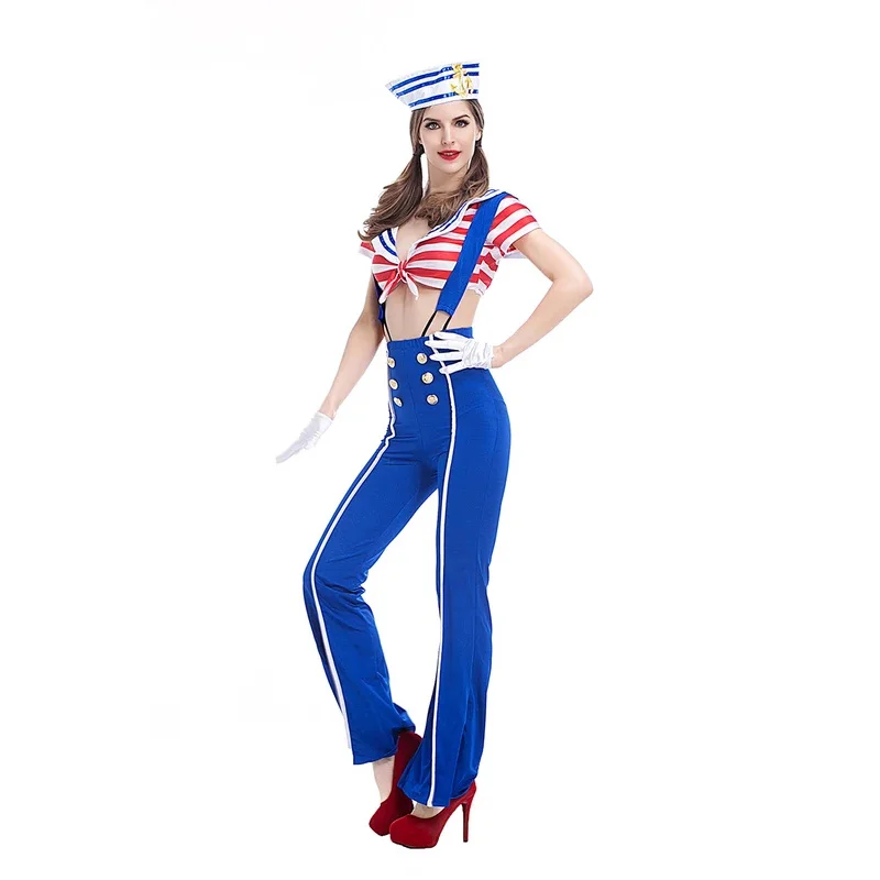 Sexy Female Navy Carnival Party Cosplay Costume Halloween Blue Stripe Sailor Masquerade Fancy Dress@0Z*