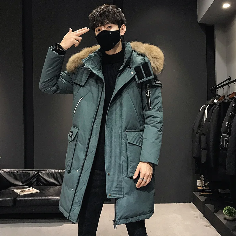 HKSH Winter Autumn New Jacket Men\'s Tide Long Thicken Warm Big Fur Collar Trend Loose White Duck Down Hooded Cotton Coat HK0112