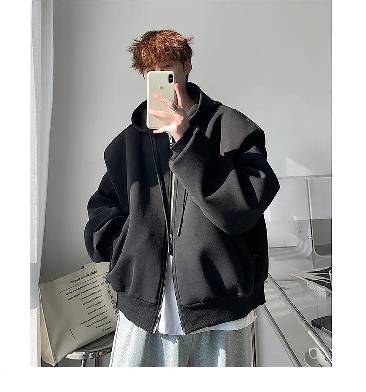 Autumn Korean style double layered composite shoulder padded hoodie men's coat hooded cardigan jacket top