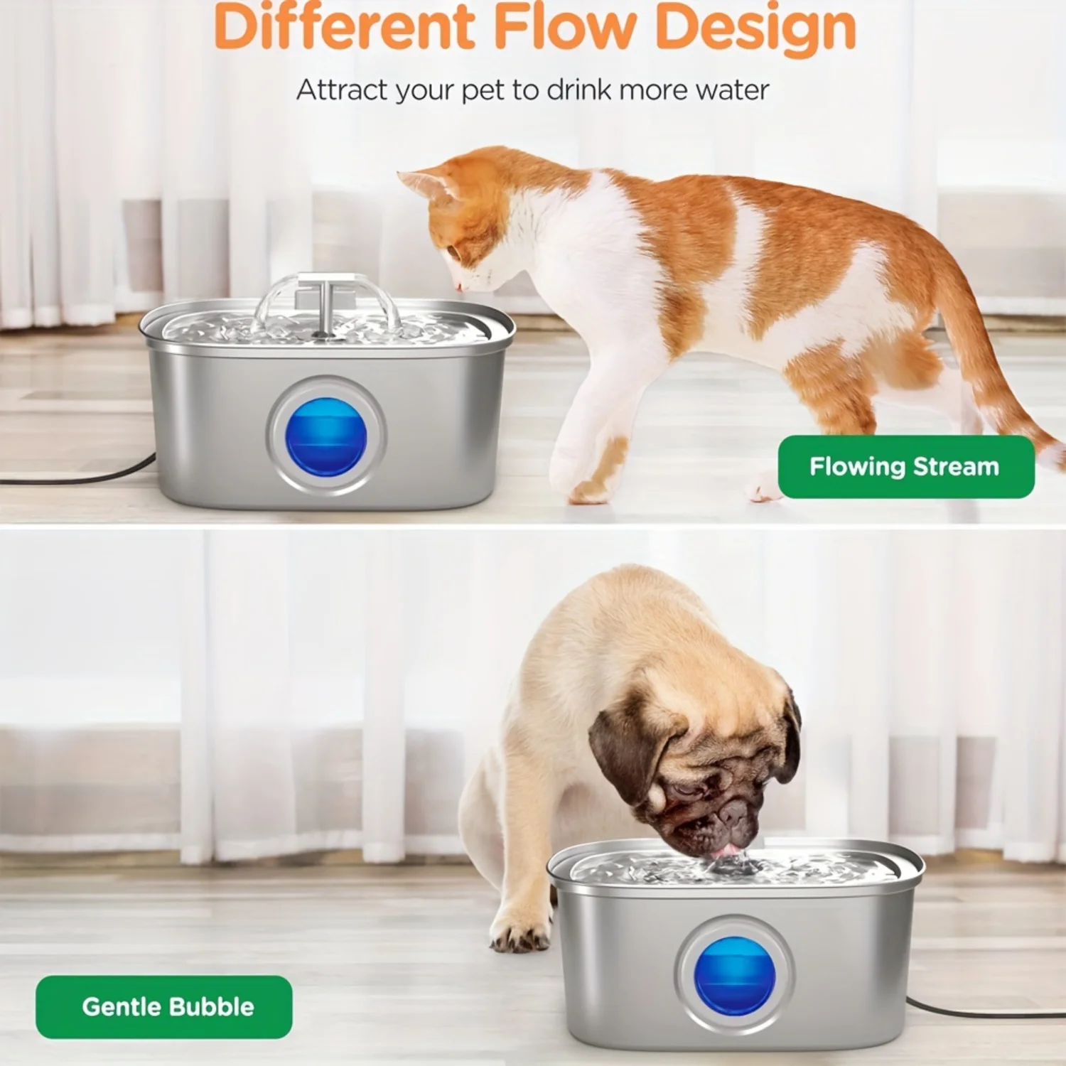 Smart Stainless Steel Cat Water Fountain w/ Water Level Window, Faucet Design, USB Rechargeable - Indoor Dog & Pet Dispenser