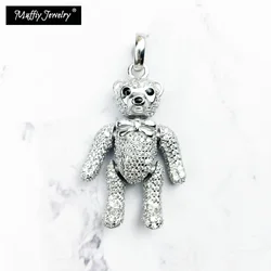 Pendant Teddy Bear Rotatable Limbs & Head 925 Sterling Silver With White Zirconia Fine Romantic Jewelry Trendy Gift For Woman